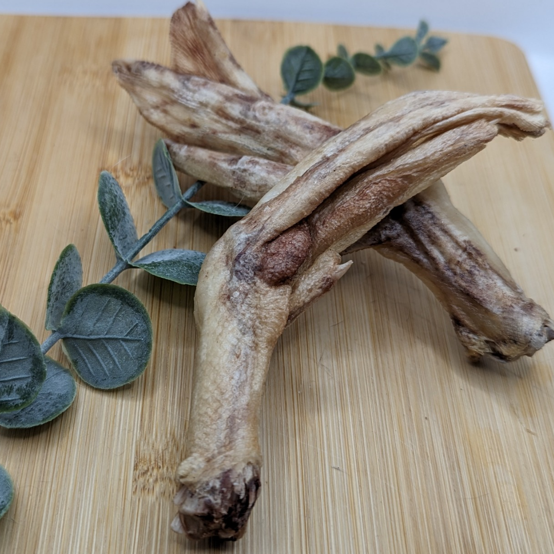 Two pieces of Beast Feast Freeze-Dried Duck Feet on a cutting board with eucalyptus leaves, suitable for senior dogs with arthritis.