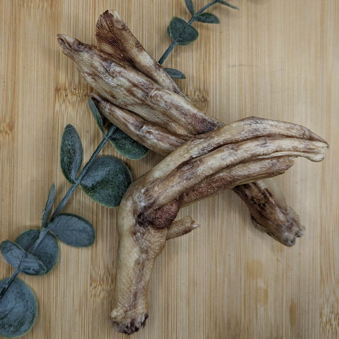 A pair of freeze-dried duck feet from Beast Feast, suitable for senior dogs with arthritis, resting on a wooden surface.