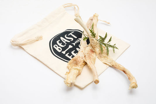 Horseradish roots on a canvas bag with the text "Beast Feast" printed on it, ideal for Beast Feast Freeze-Dried Bison Extensor Tendon.