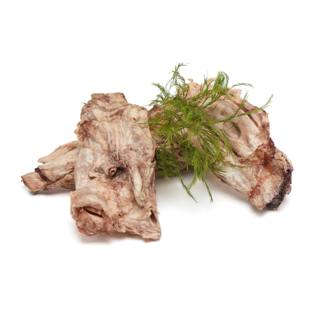 A piece of Freeze-Dried Bison Half Flexor Tendon with dill from Beast Feast.