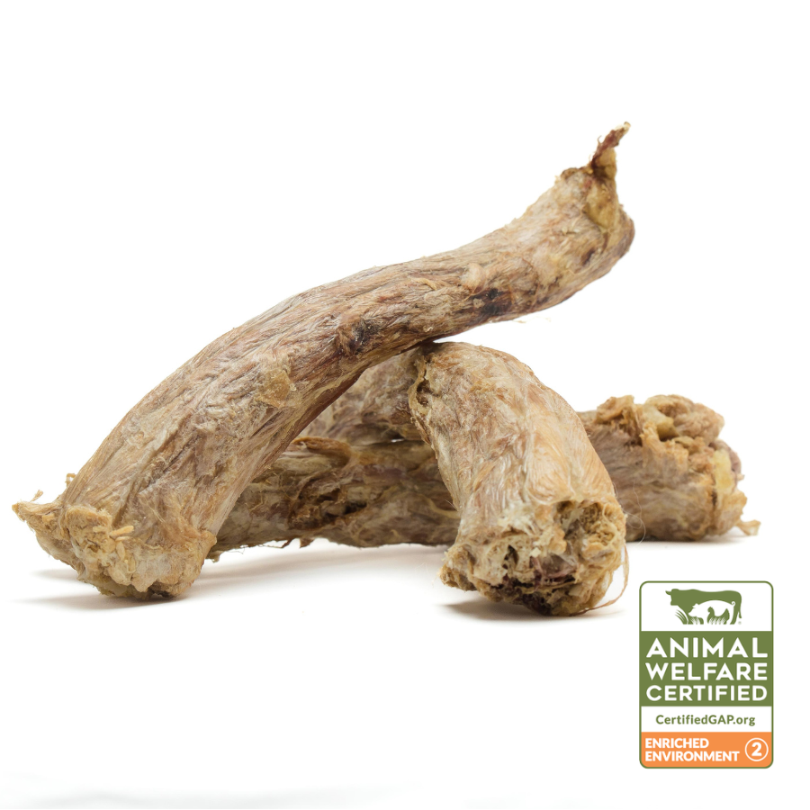 Three Beast Feast organic freeze-dried turkey necks with glucosamine for pet chewing with an animal welfare certified label.