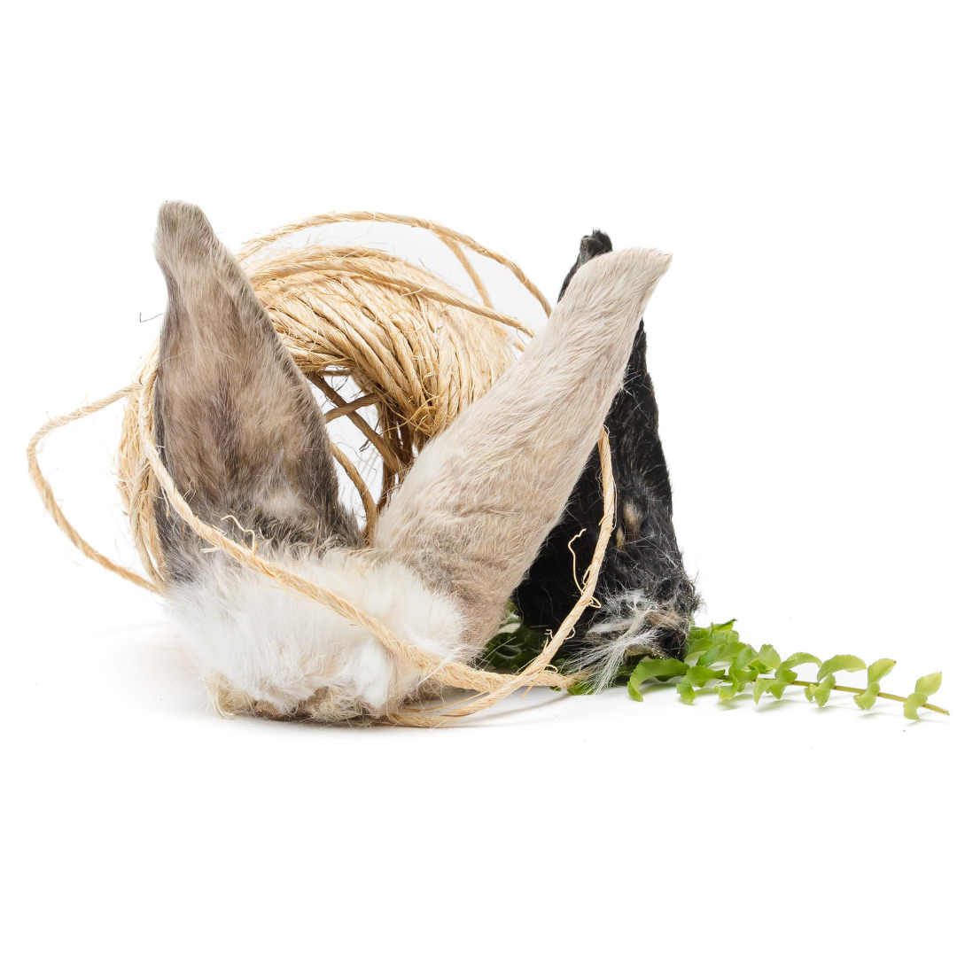 A pair of Beast Feast Freeze-Dried Rabbit Ears connected to a hat adorned with a straw nest and green leaves promote digestive tract health against a white background.