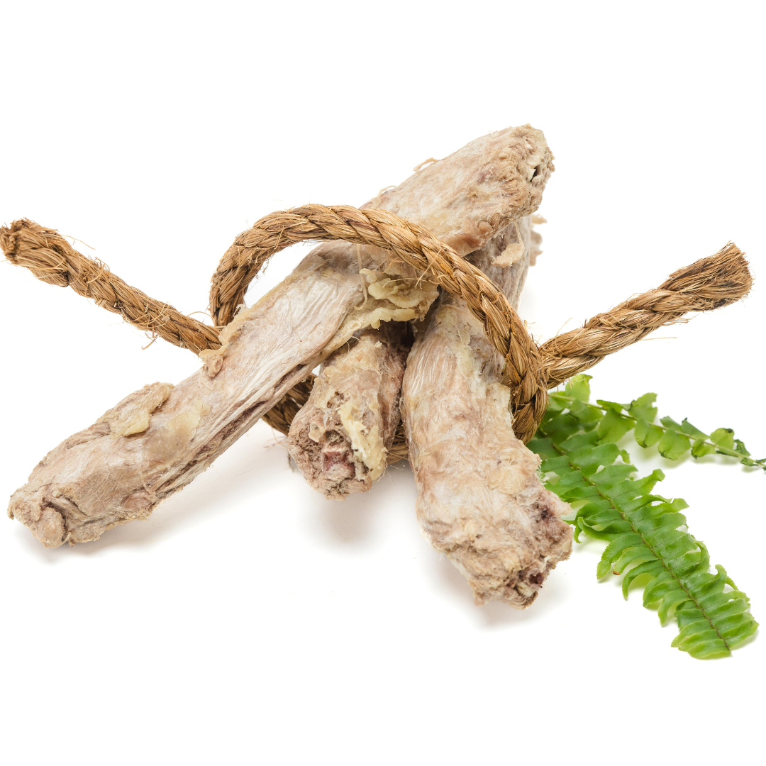 A bundle of twigs and leaves on a white background, promoting Beast Feast Freeze-Dried Duck Neck, promoting joint health.