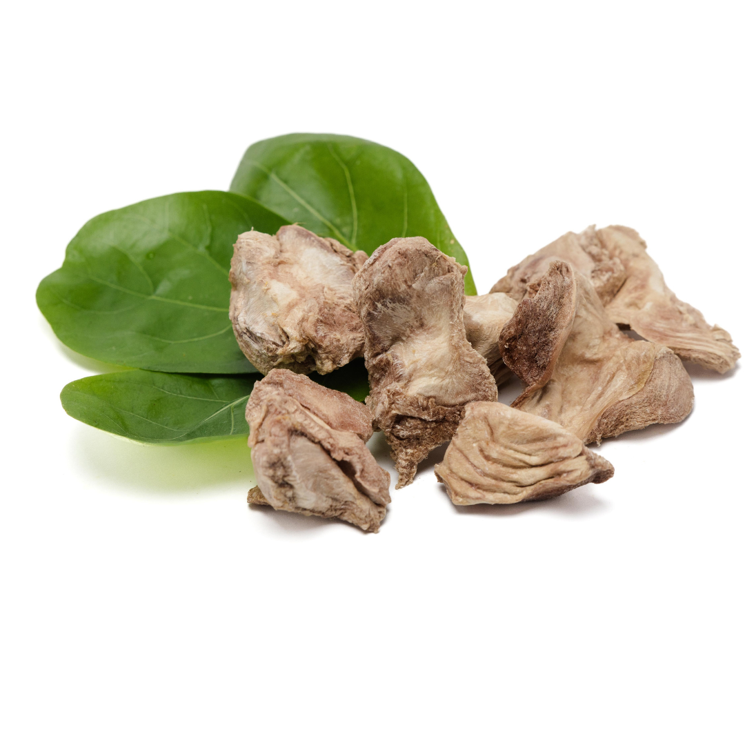 A bunch of Beast Feast freeze-dried chicken gizzards 3oz on a white background.