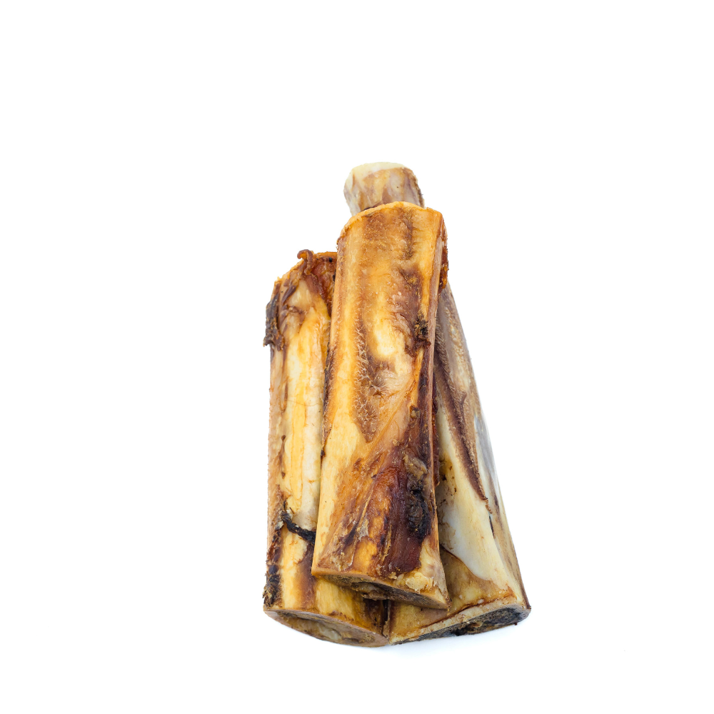 One of our long-lasting chew options, the Beast Feast Smoked Bison Marrow Bone showcases a logo on its surface.