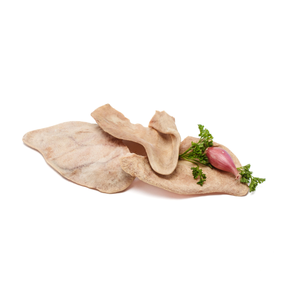 A piece of Heritage Breed Freeze-Dried Pig Ears by Beast Feast on a white background, suitable for puppies or senior dogs.