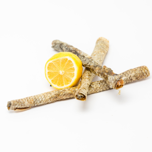 Beast Feast Carp Skin Roll on a white background with a slice of lemon.