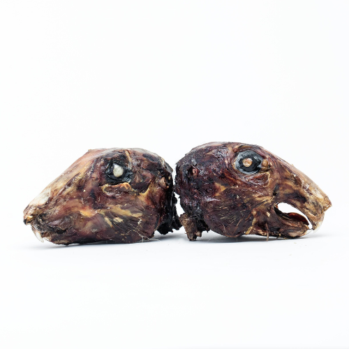 Two Beast Feast dehydrated rabbit heads on a white background.