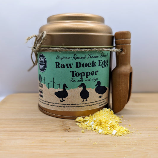 A metal can with a wooden scoop and a Beast Feast Freeze-dried Raw Duck Egg Topper.